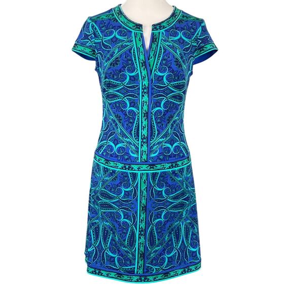 Cache Dresses & Skirts - CACHE Dress Stretch Blue Paisley Print sz Small Boho Cruise Vacation Retro 70s
